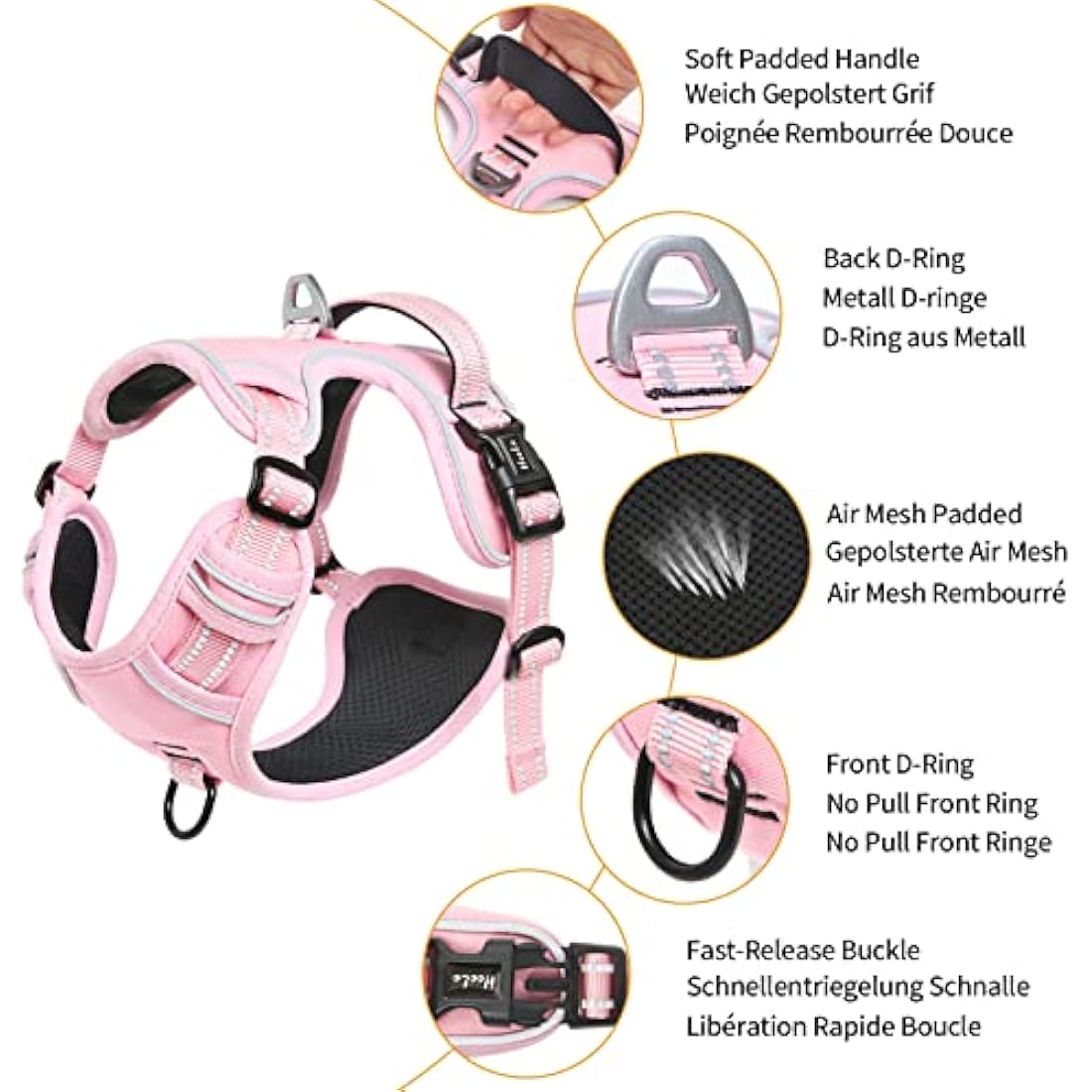 HEELE No-Pull Dog Harness | Reflective Adjustable Nylon Vest - Pink, XL