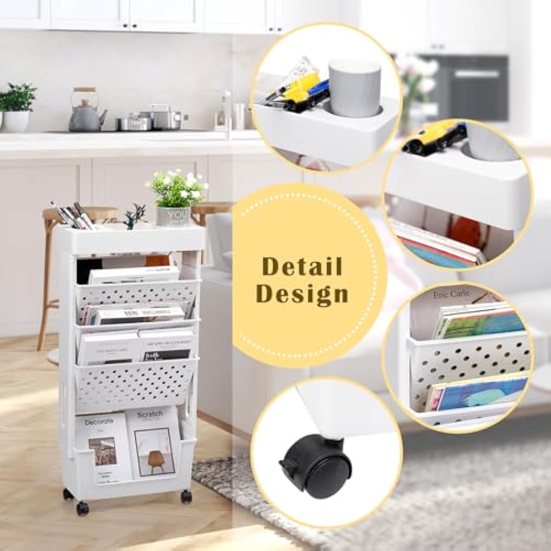 DOEWORKS 5-Tier Mobile Bookshelf – Slim Rolling Storage Trolley, White
