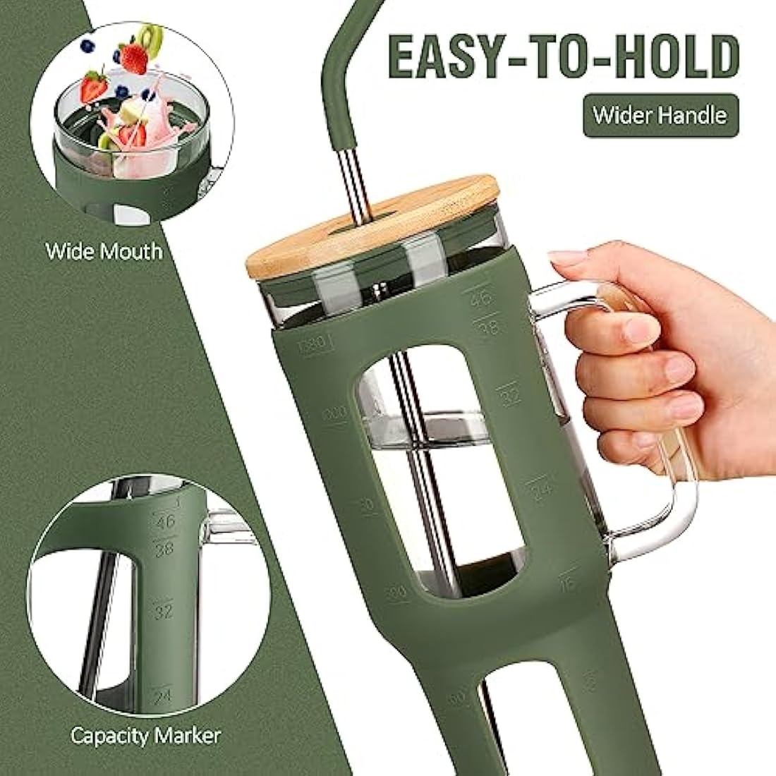 BLUEGO 1.4L Glass Tumbler with Handle and Straw – Iced Coffee Cup, Olive