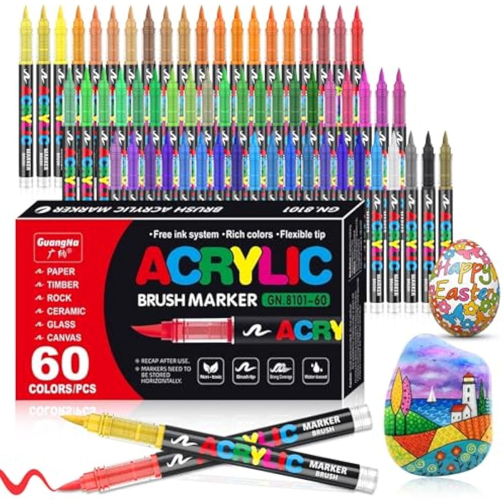 VAKKI 60 Color Acrylic Paint Pens | 1-6mm Flexible Brush Tip Markers