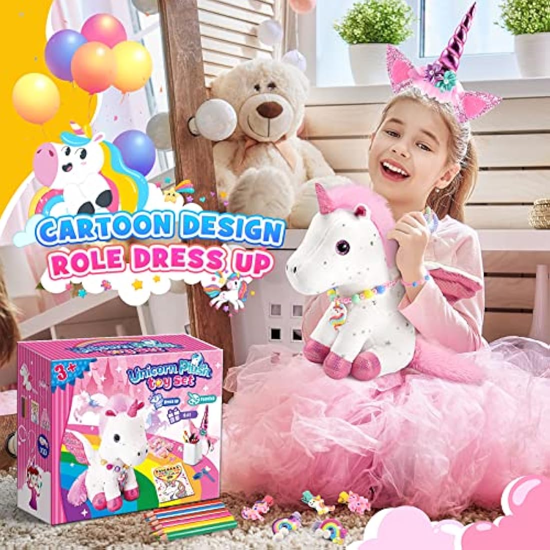 Unicorn Plush Toy Set with Coloring Book for Girls Age 3-8