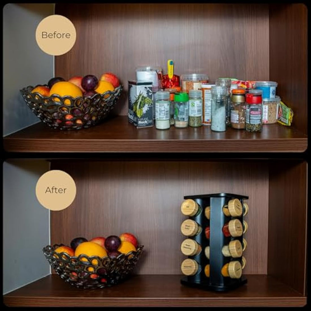 Rotating Spice Rack – 16 Glass Jars with Bamboo Lids