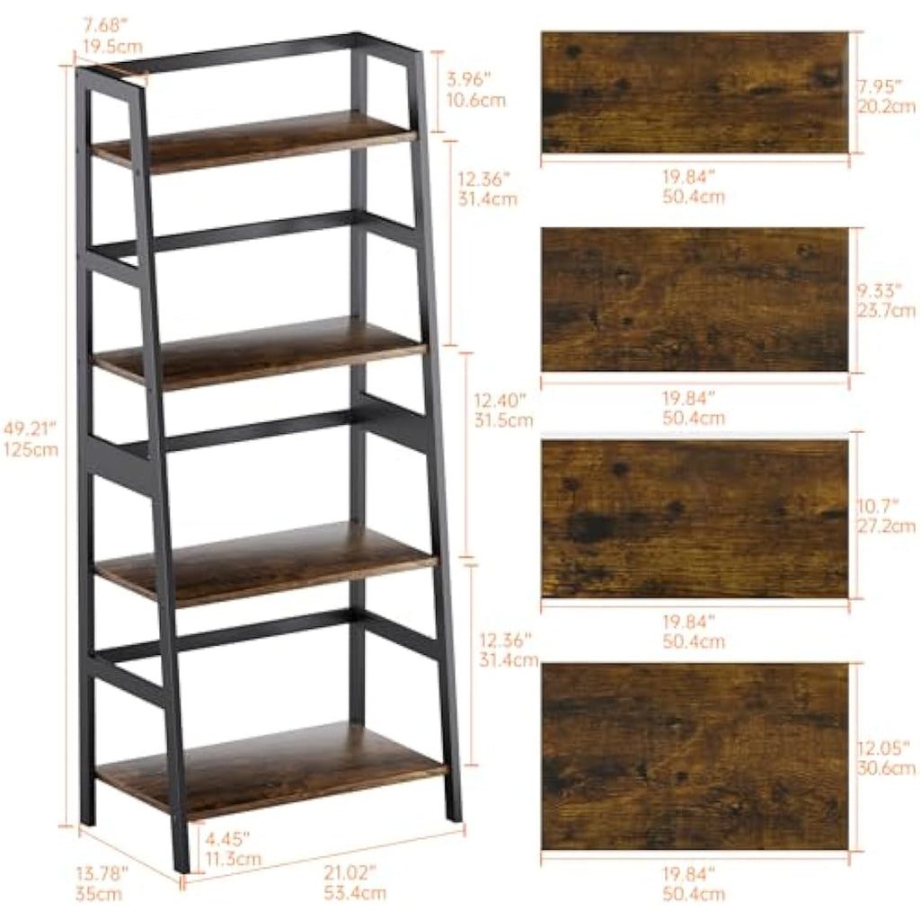 HITNET 4-Tier Ladder Shelf | Bamboo Frame Bookshelf in Rustic Brown