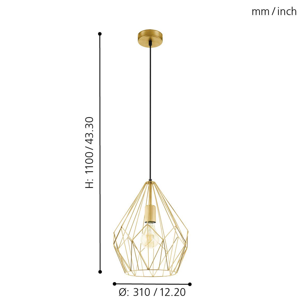 Eglo Carlton Vintage Pendant Light | Gold Steel Wire Cage Hanging Lamp