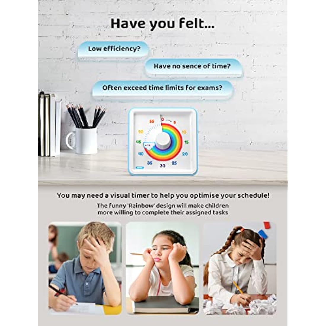 LIORQUE Visual Timer for Kids – 60 Minute Silent Rainbow Countdown Clock