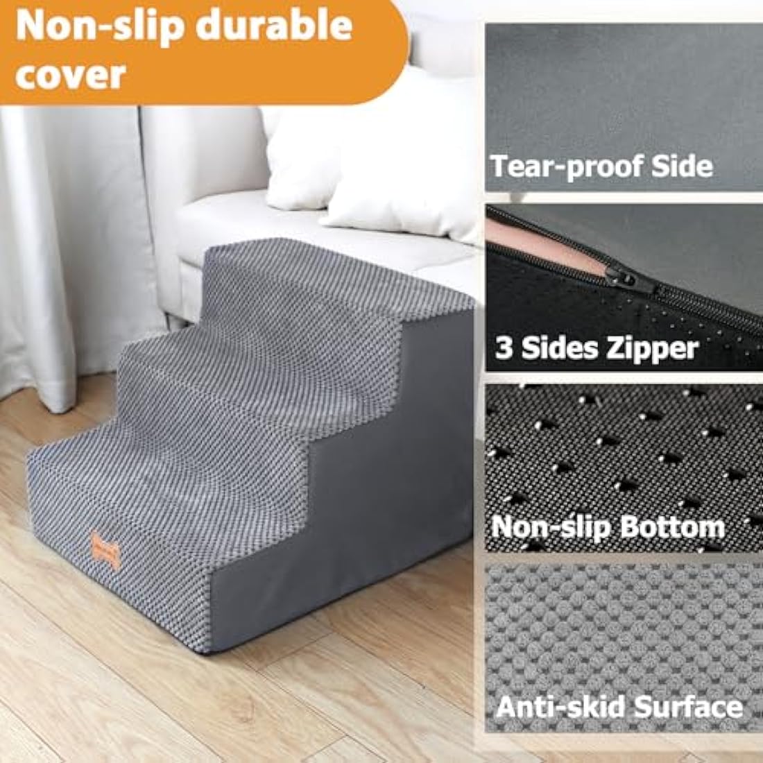 Nepfaivy 3-Step Foam Dog Stairs – Non-Slip Pet Ramp for Small Dogs