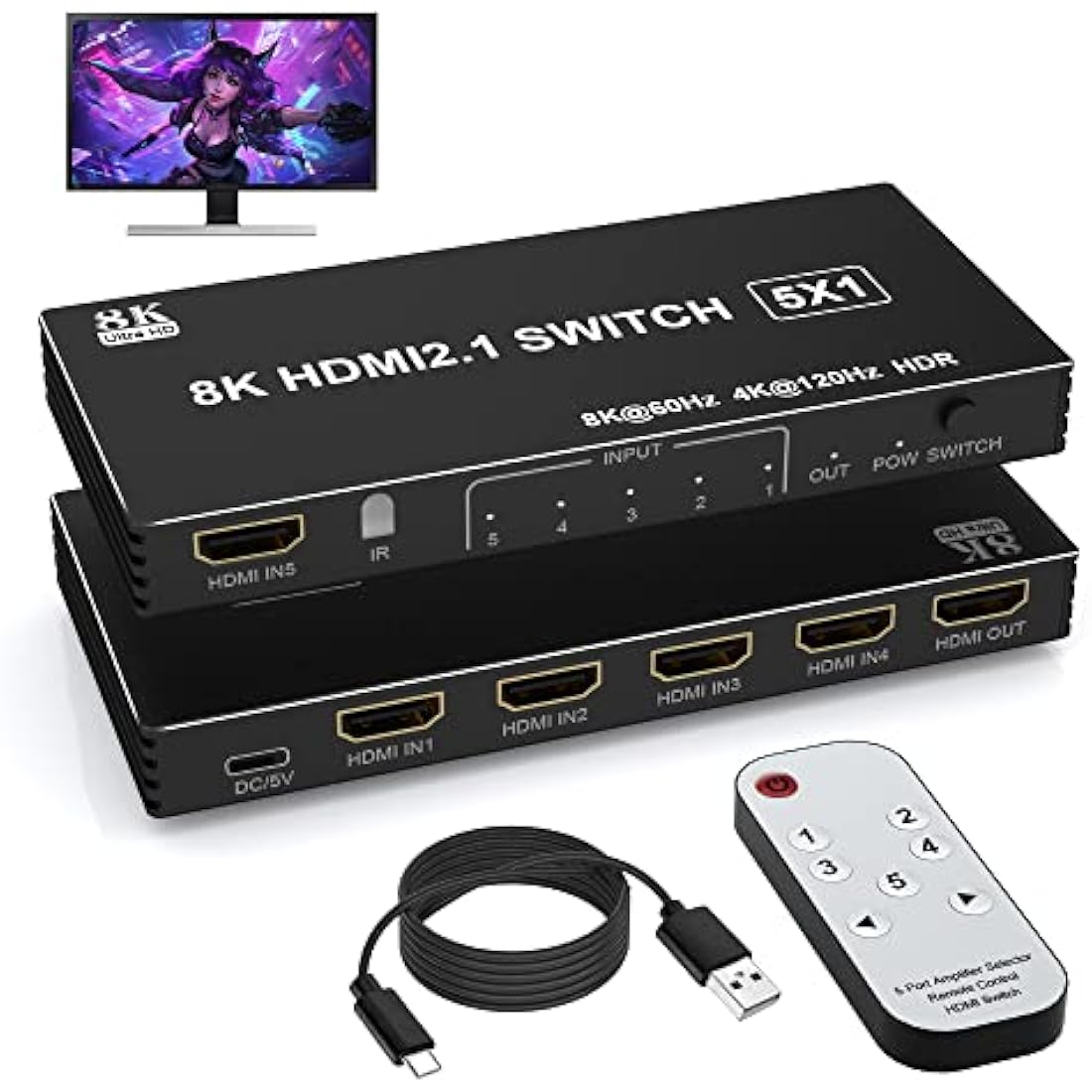 8K HDMI Switch 5 in 1 Out | 4K@120Hz Splitter with Remote
