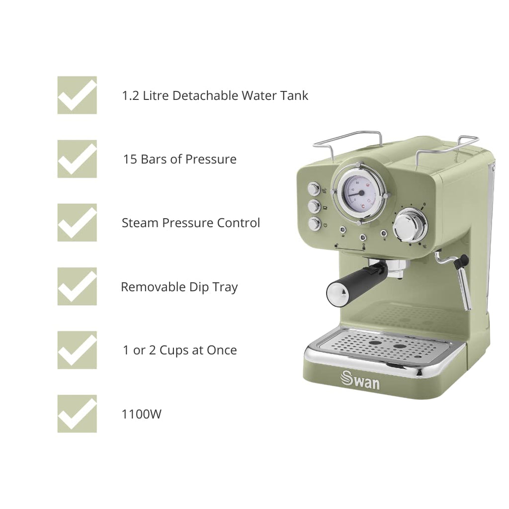 Swan Retro Espresso Coffee Machine with Milk Frother - 1.2L, Green