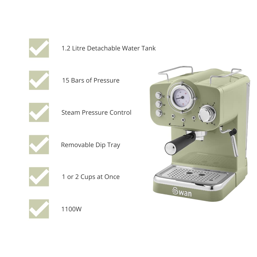Swan Retro Espresso Coffee Machine with Milk Frother - 1.2L, Green