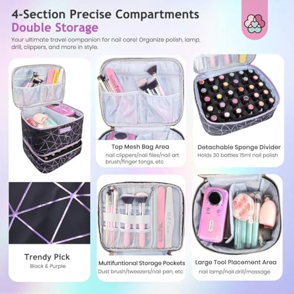 Saviland Nail Polish Organizer Bag - PU Leather Case for 30 Bottles & Lamp