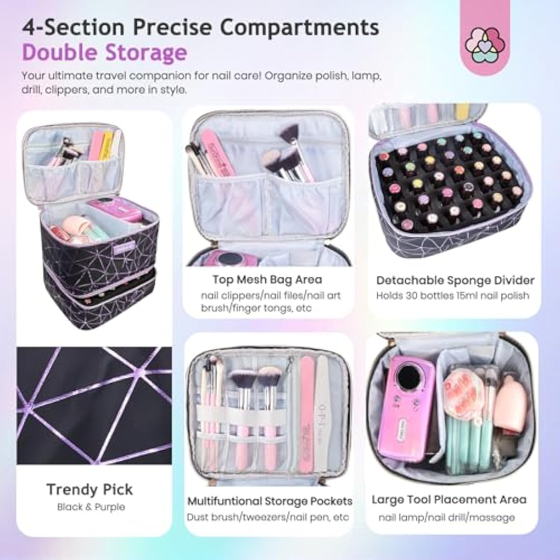 Saviland Nail Polish Organizer Bag - PU Leather Case for 30 Bottles & Lamp