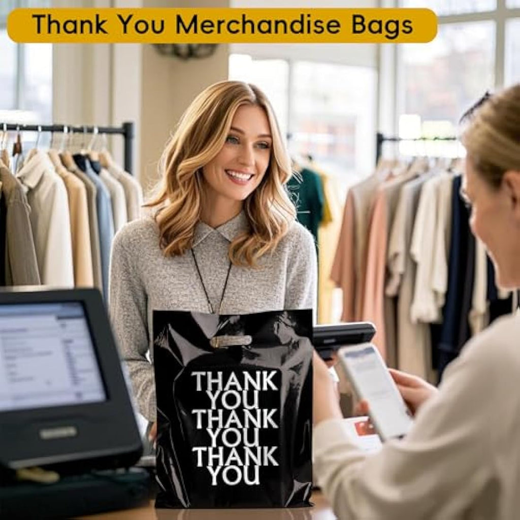 Jolof Store 100 Pack Black Thank You Carrier Bags - 30x38cm Retail Bags