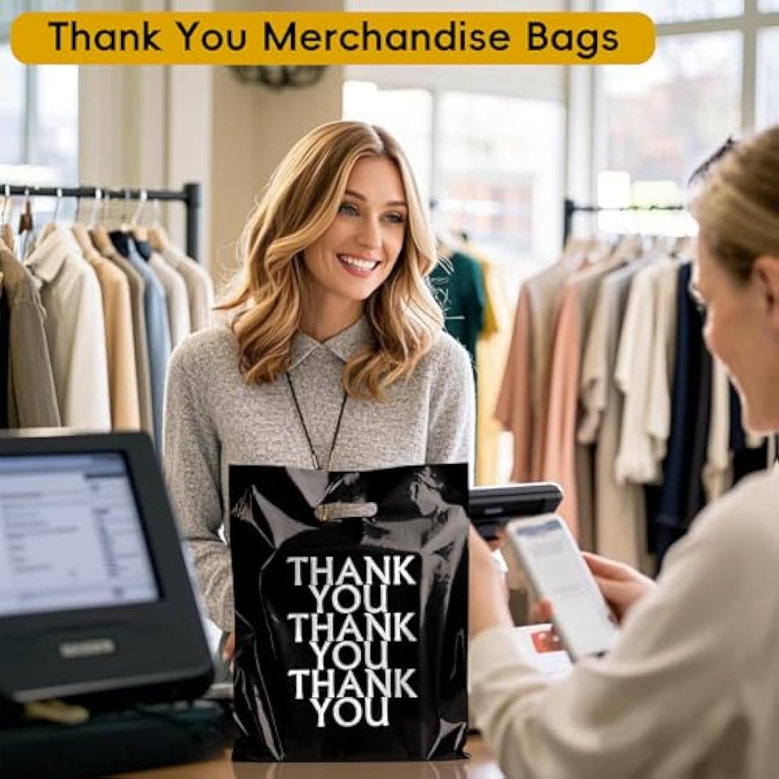Jolof Store 100 Pack Black Thank You Carrier Bags - 30x38cm Retail Bags