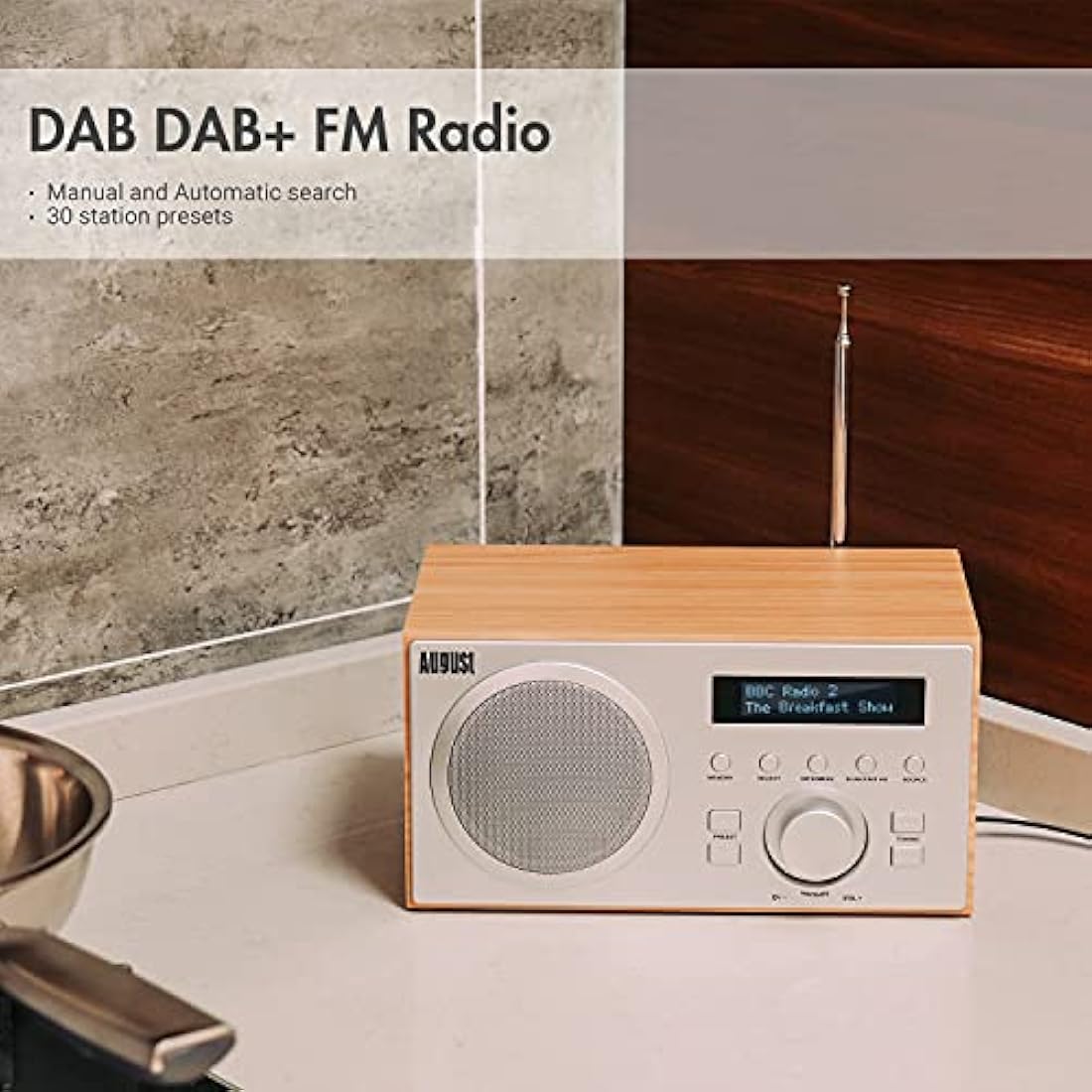 August MB420 DAB+ Digital Radio & Bluetooth Speaker - Dual Alarm - Oak