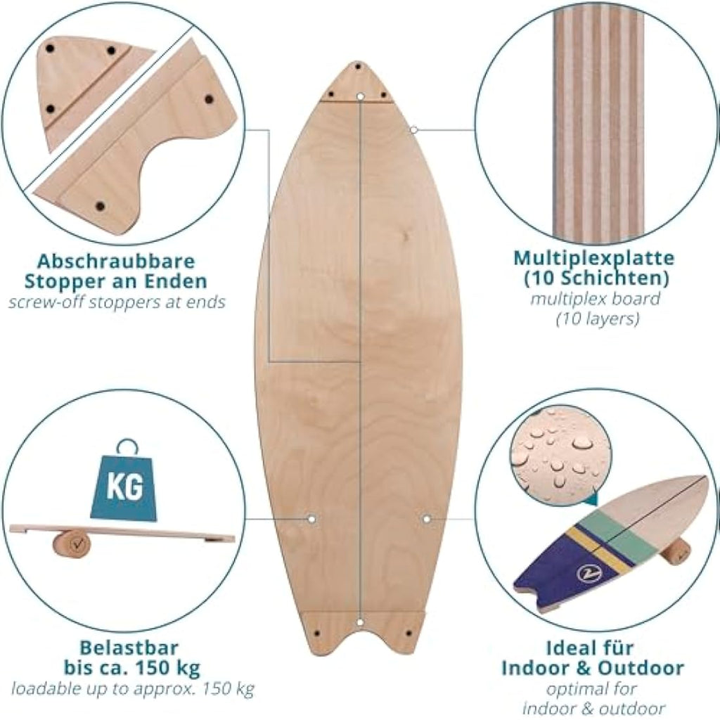 Valuents Wooden Surfboard Balance Board with Cork Roller and Stand