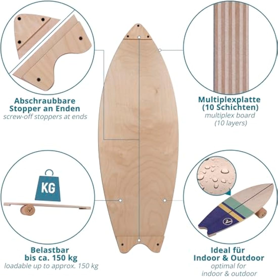 Valuents Wooden Surfboard Balance Board with Cork Roller and Stand