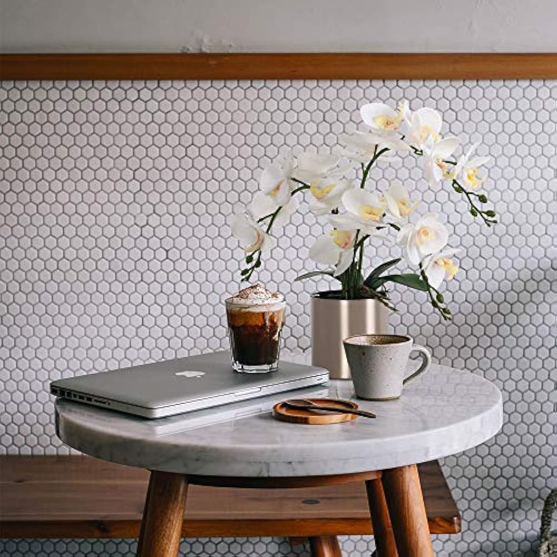 Jolof Store White Artificial Orchid Bonsai | Faux Phalaenopsis with Vase