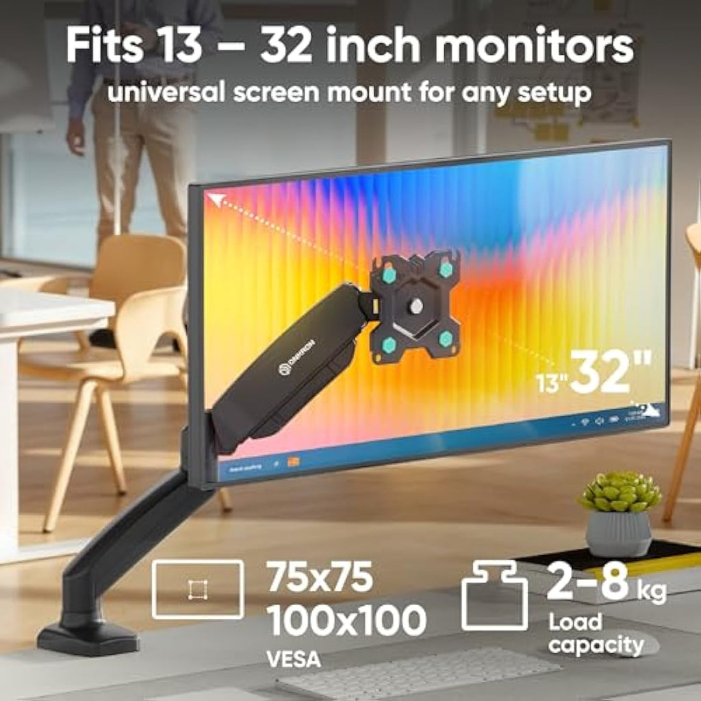 ONKRON G80-B Single Monitor Arm – Gas Spring Desk Mount for 13-32" Screens