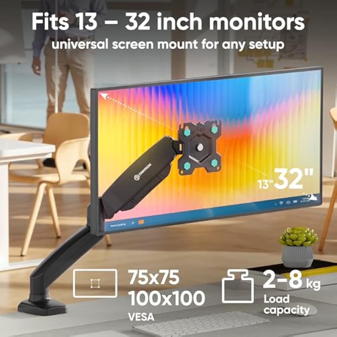 ONKRON G80-B Single Monitor Arm – Gas Spring Desk Mount for 13-32" Screens