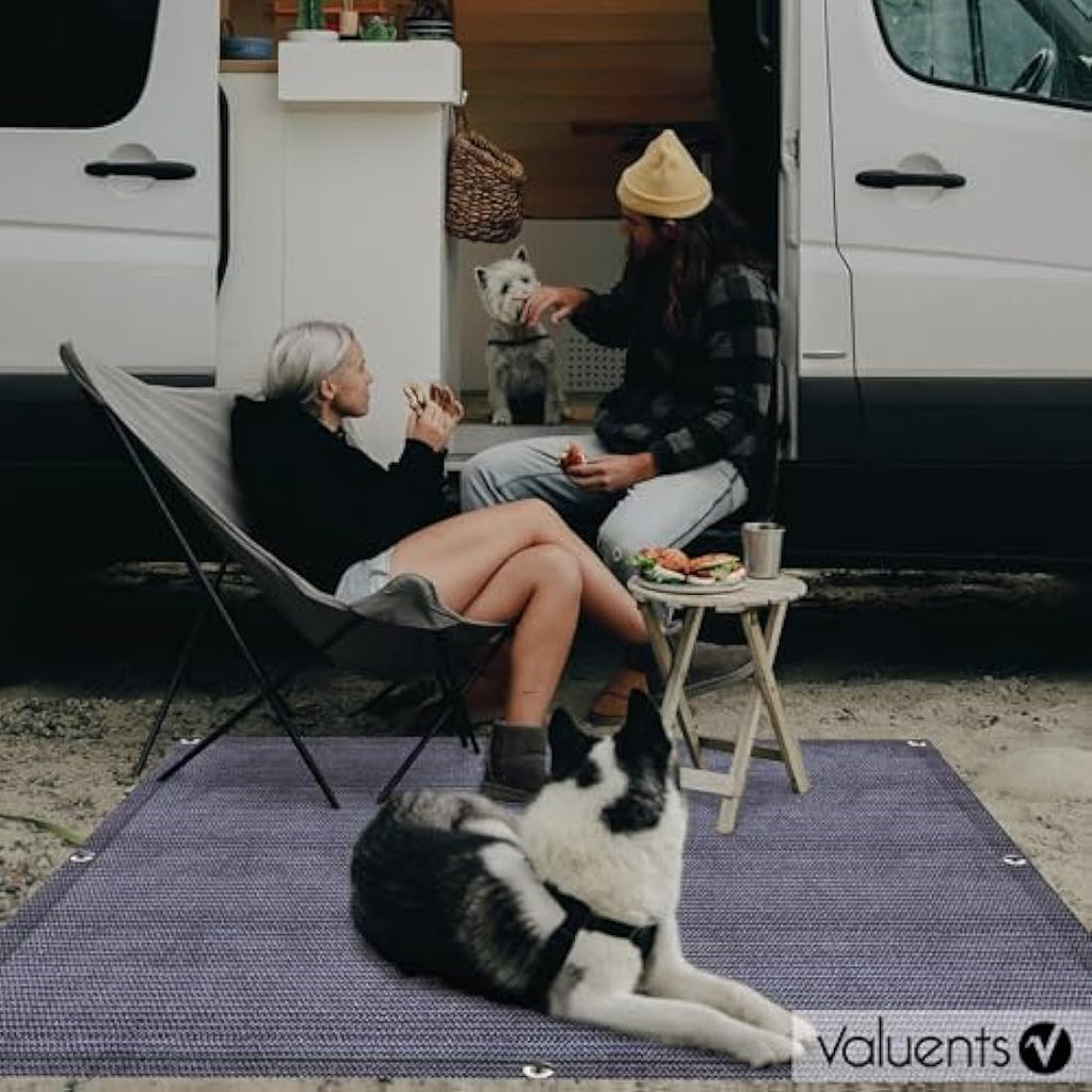 Valuents Awning Carpet – Blue/Grey HDPE Camping Rug with T-Pegs & Bag