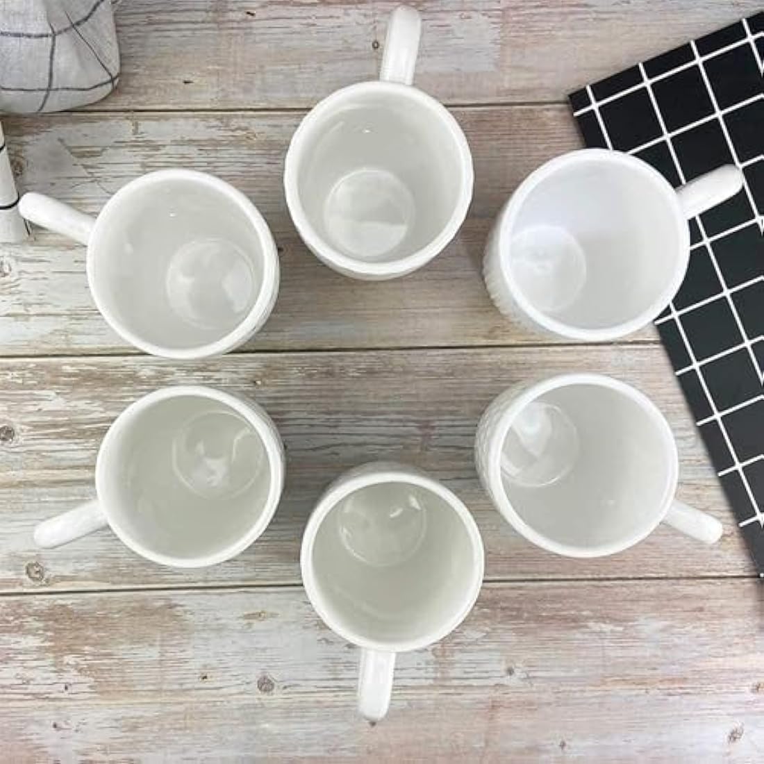 Hoikwo Bone China Coffee Mugs Set of 6 – 13oz White Embossed Cups