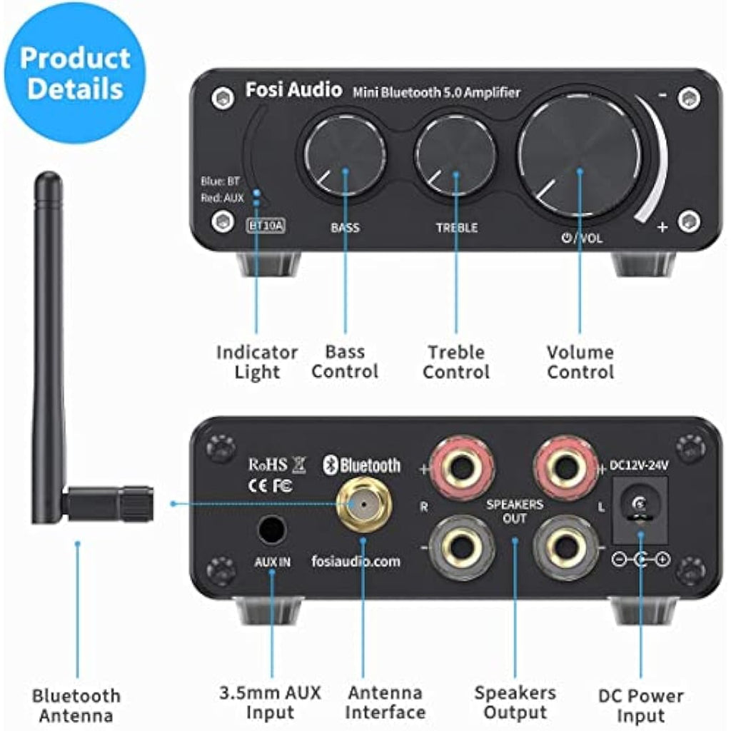 Fosi Audio BT10A Bluetooth 5.0 Mini Stereo Amplifier | 50W x 2 Hi-Fi Amp