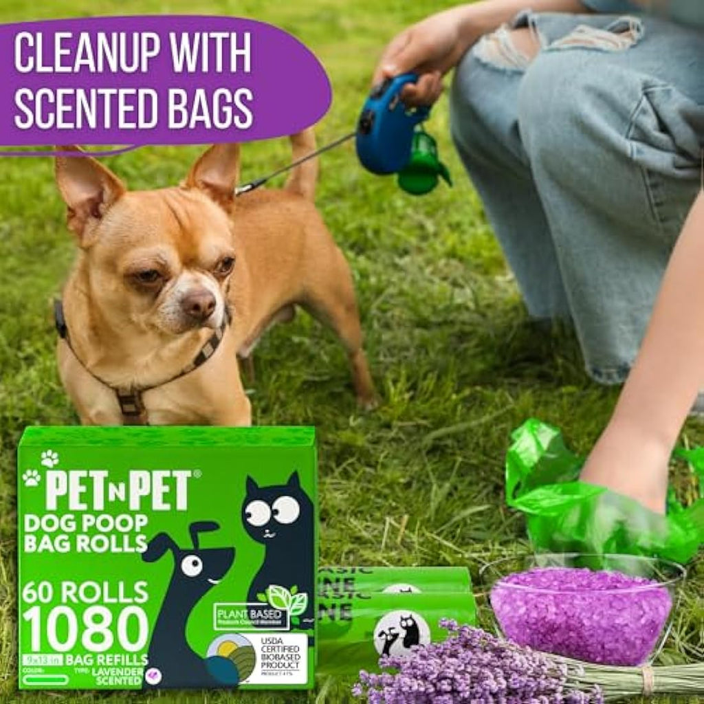 PET N PET Dog Poop Bags | 1080 Count Biobased Leak-Proof Lavender Scent