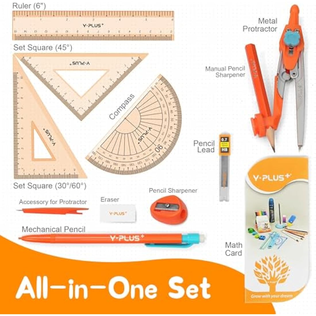 YPLUS 12-Piece Geometry Set | Math Compass and Protractor Kit for Students