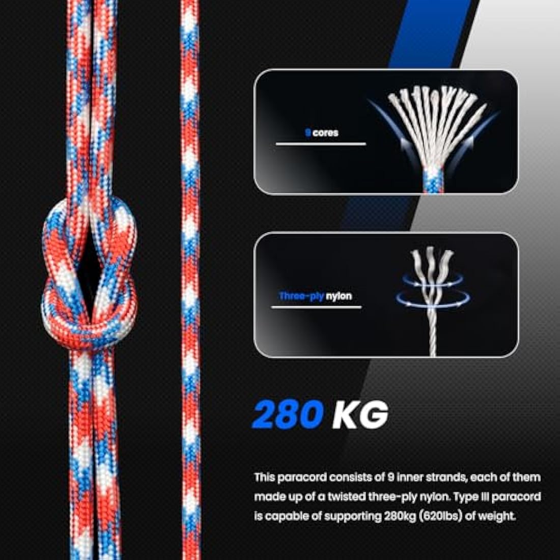 Abma Cord 4mm Type III Nylon Paracord - 9 Strands, 100m Rope - Liberty