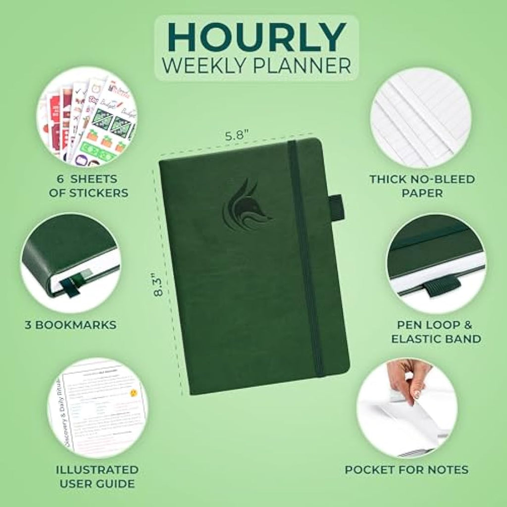 Clever Fox Undated Weekly Planner – A5 Hourly Schedule, Forest Green