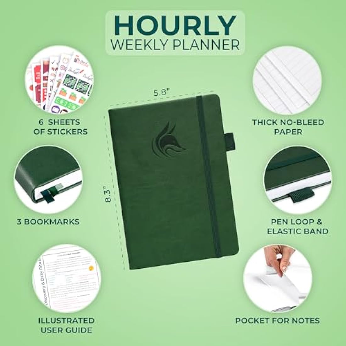 Clever Fox Undated Weekly Planner – A5 Hourly Schedule, Forest Green