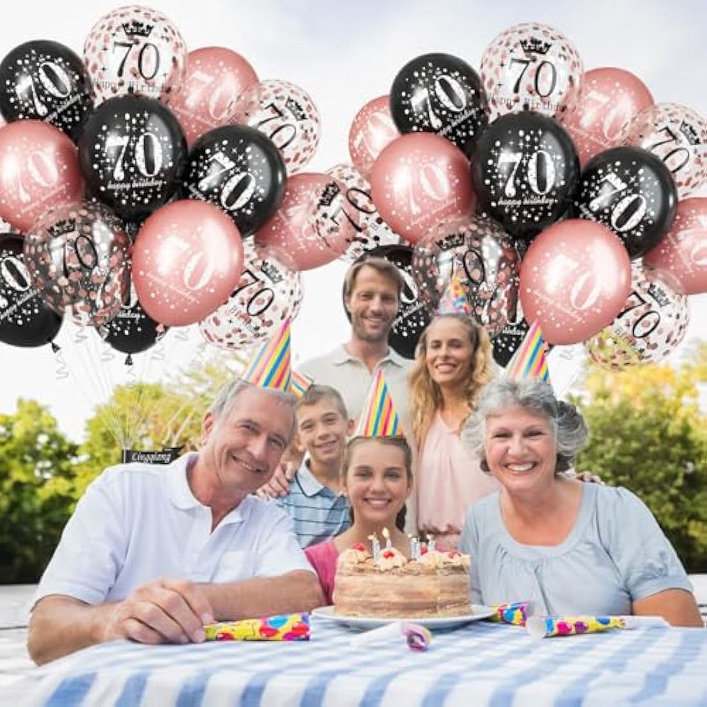 70th Birthday Balloons - 15pc Rose Gold & Black Latex Set