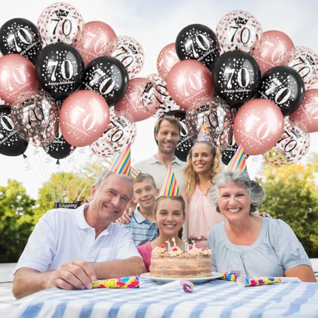 70th Birthday Balloons - 15pc Rose Gold & Black Latex Set