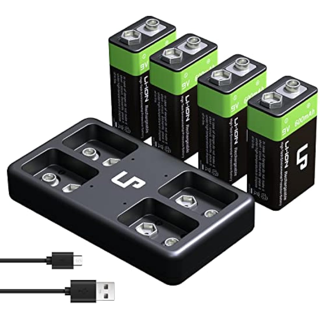 LP 9V Rechargeable Li-ion Battery 4-Pack with 4-Bay USB Charger