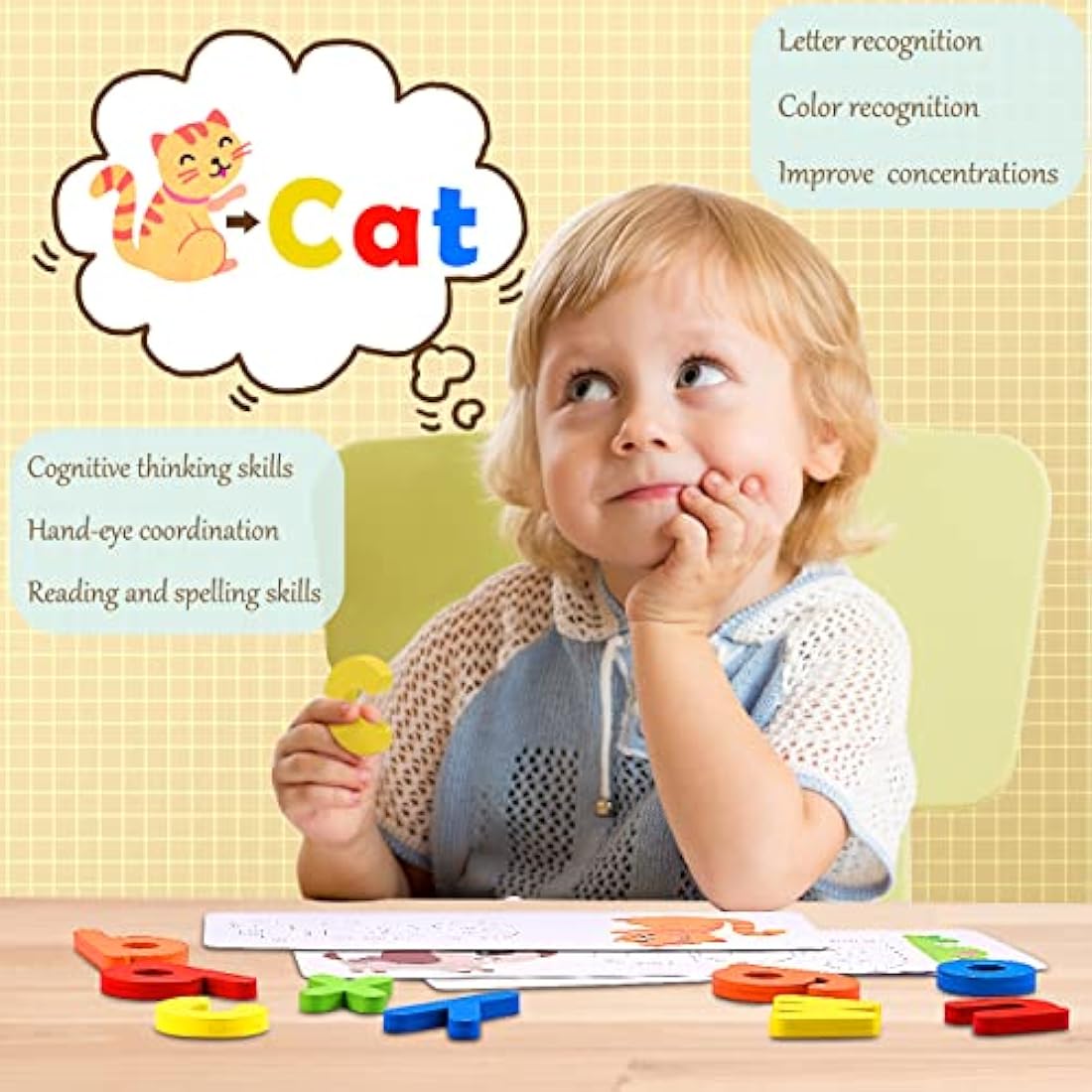 Qukir Spelling Games: Wooden Alphabet Flash Cards Montessori Learning Toy