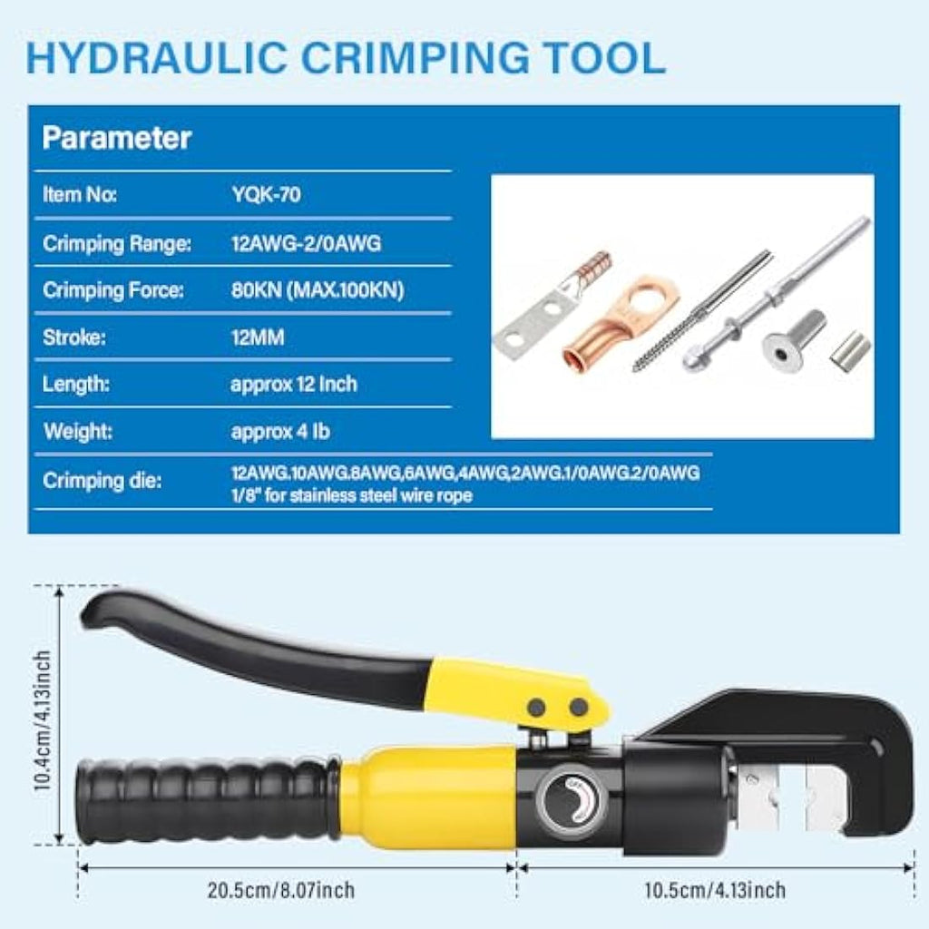 TEENO Hydraulic Crimping Tool with 9 Hex Dies | 10T 12 AWG-2/0 AWG