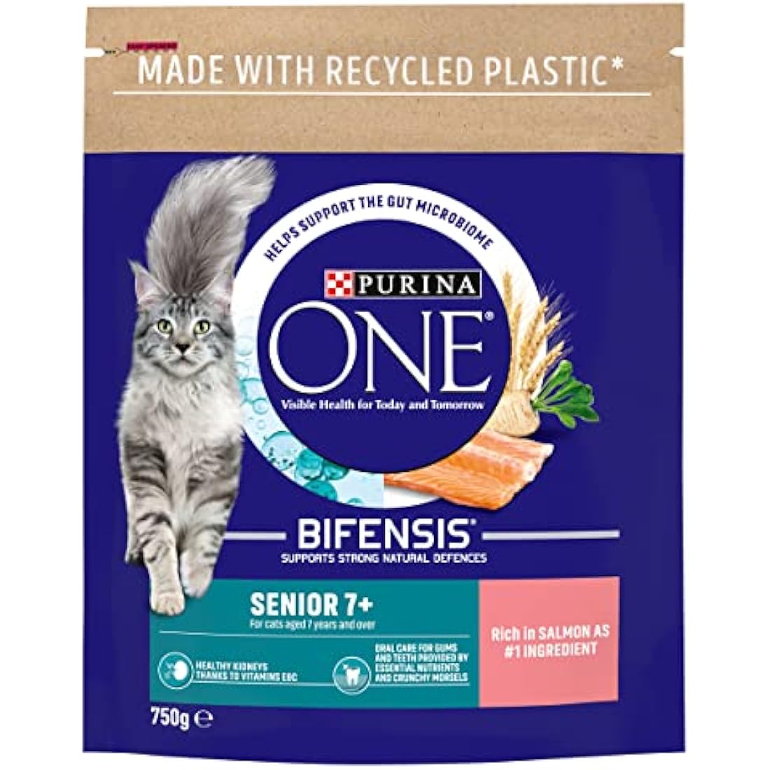 Purina One Senior 7+ Salmon Dry Cat Food - 750g Kibble (Pack of 4)