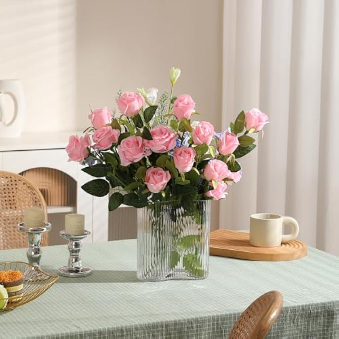12PCS Artificial Silk Roses – 21" Long Stem Fake Flowers, Pink