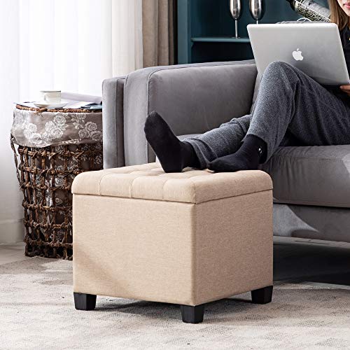 HNNHOME Linen Storage Ottoman Footstool – 45cm Cube Wooden Toy Chest