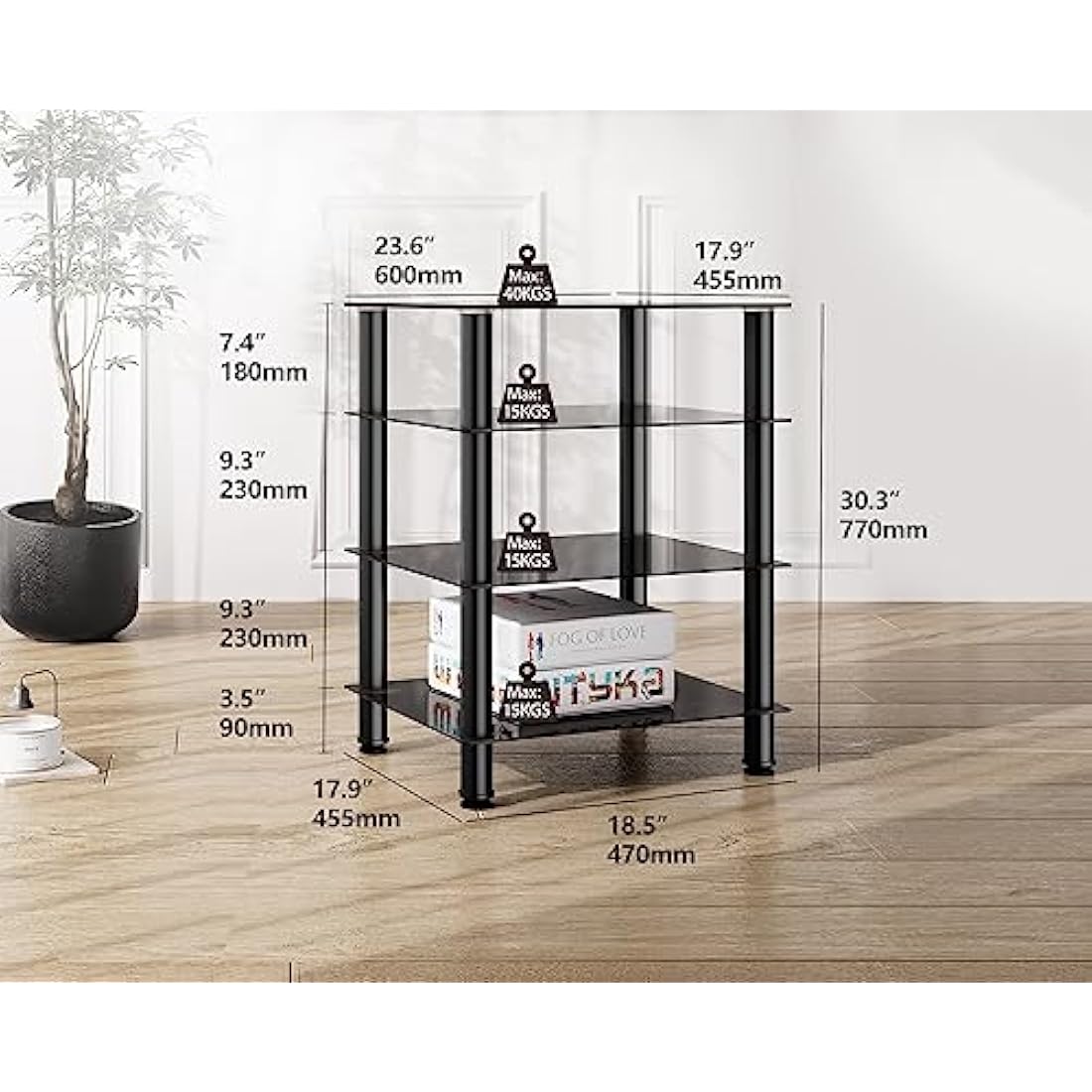 FITUEYES 4-Tier HiFi Rack | Black Tempered Glass AV Media Stand