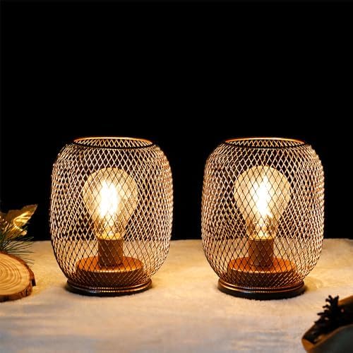 TRIROCKS Set of 2 Battery Operated Table Lamps | Vintage Metal Lanterns