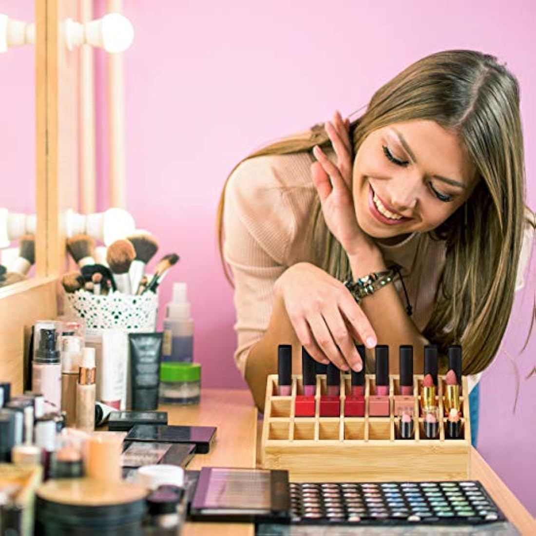 Jolof Store Bamboo Lipstick Organiser - 24 Slot Makeup Storage Rack