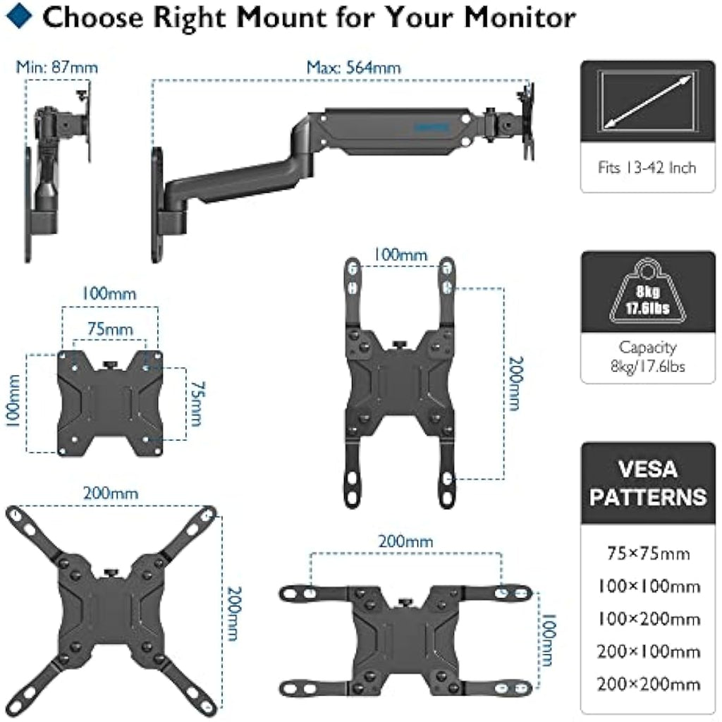 BONTEC Gas Spring Wall Mount for 13-42 Inch Screens | VESA 75-200mm