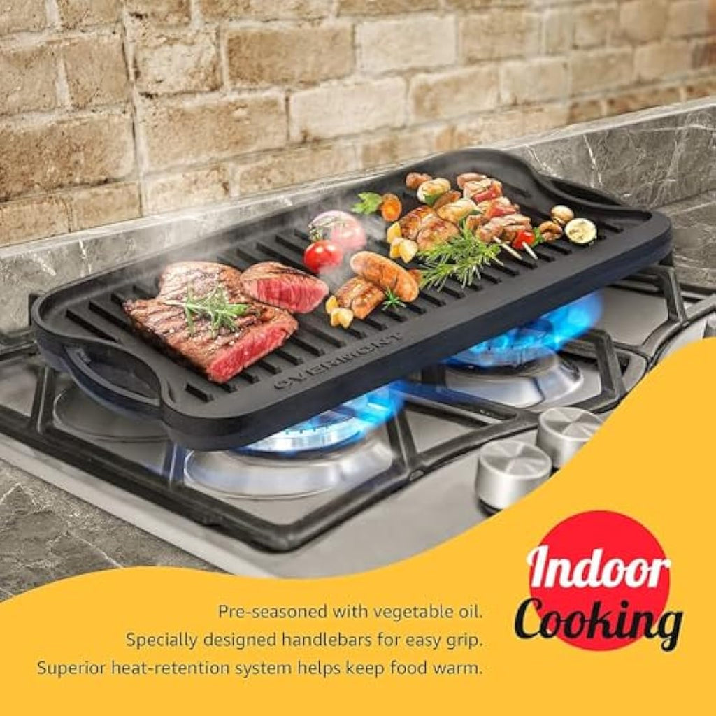 Overmont Pre-Seasoned Cast Iron Reversible Griddle Grill Pan, 17x9.8 Inch