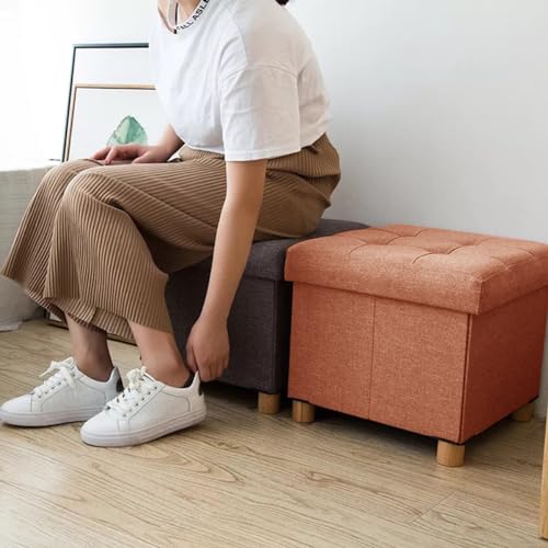 BRIAN & DANY Folding Storage Ottoman | Linen Foot Stool with Wood Legs