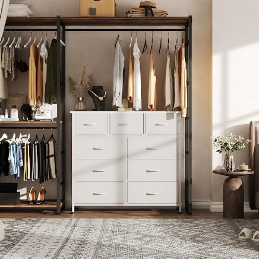 CAIYUN 9-Drawer Fabric Dresser | White Storage Chest with Wood Top