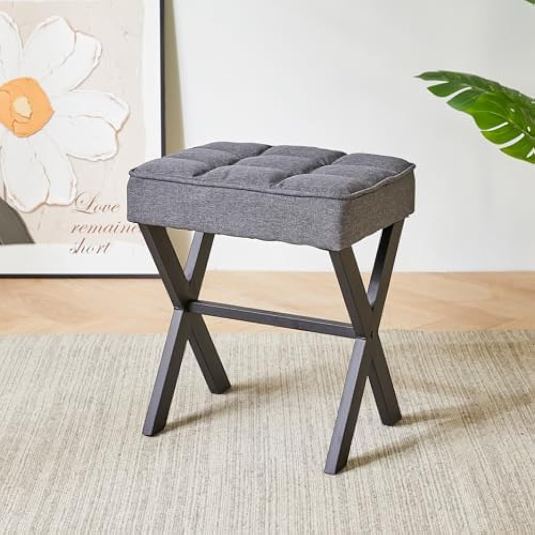 IBUYKE Dark Gray Linen Makeup Stool – Square Vanity Ottoman Footrest
