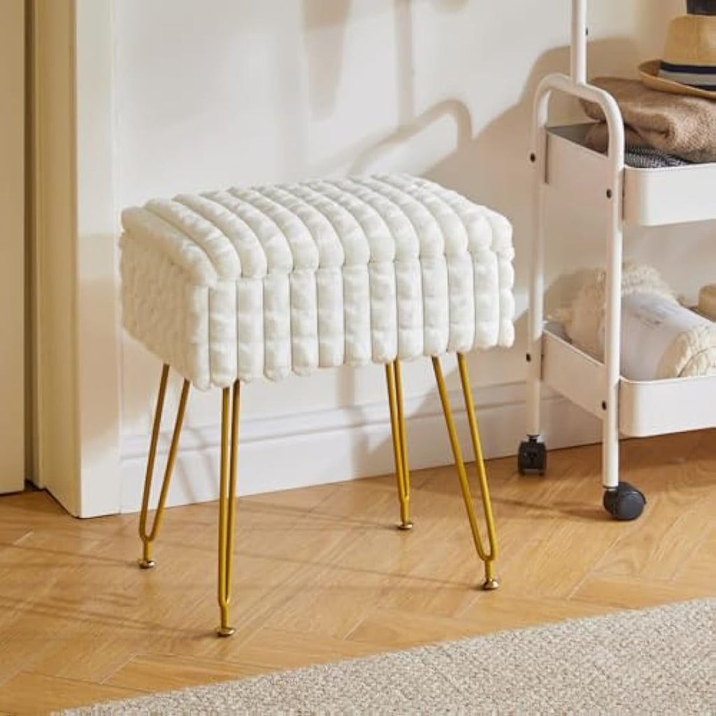 IBUYKE Storage Vanity Stool – White Faux Leather Ottoman Footrest Chair