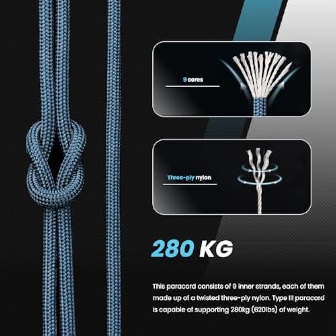 Abma Cord 4mm Type III Nylon Paracord – 9 Strands, 10m, Navy Blue