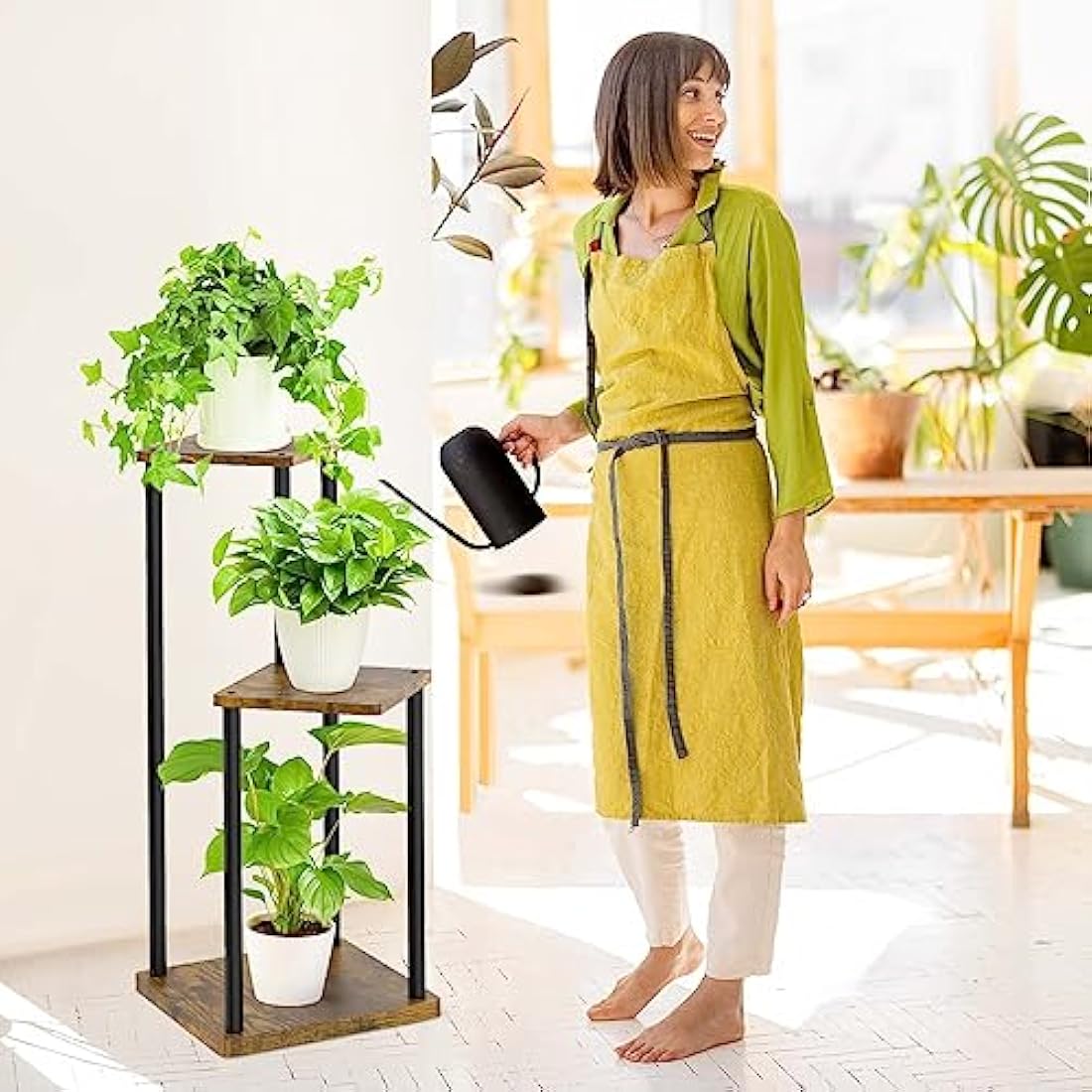 Jolof Store 3-Tier Metal and Wood Corner Plant Stand - Black Flower Rack